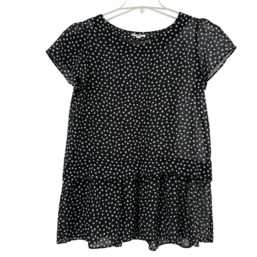 UNIQLO Black White Polka Dot Sheer Tiered Short Sleeve Blouse Top Women's Small